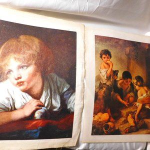 Vintage Prints Jean Baptiste Greuze Boy with Apple & Murillo Boys Playing